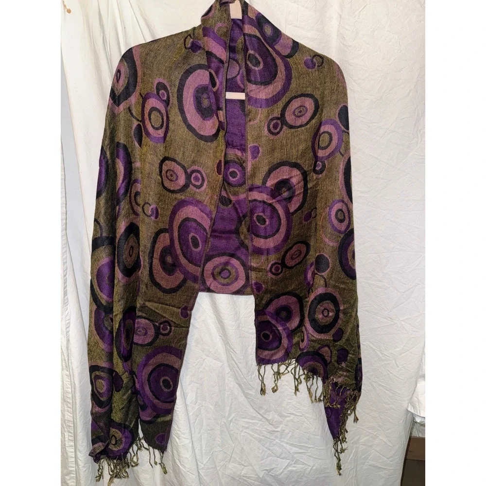 D&G Pashmina Cashmere Silk Scarf Purple Gold Circle Print Fringe Wrap Shawl